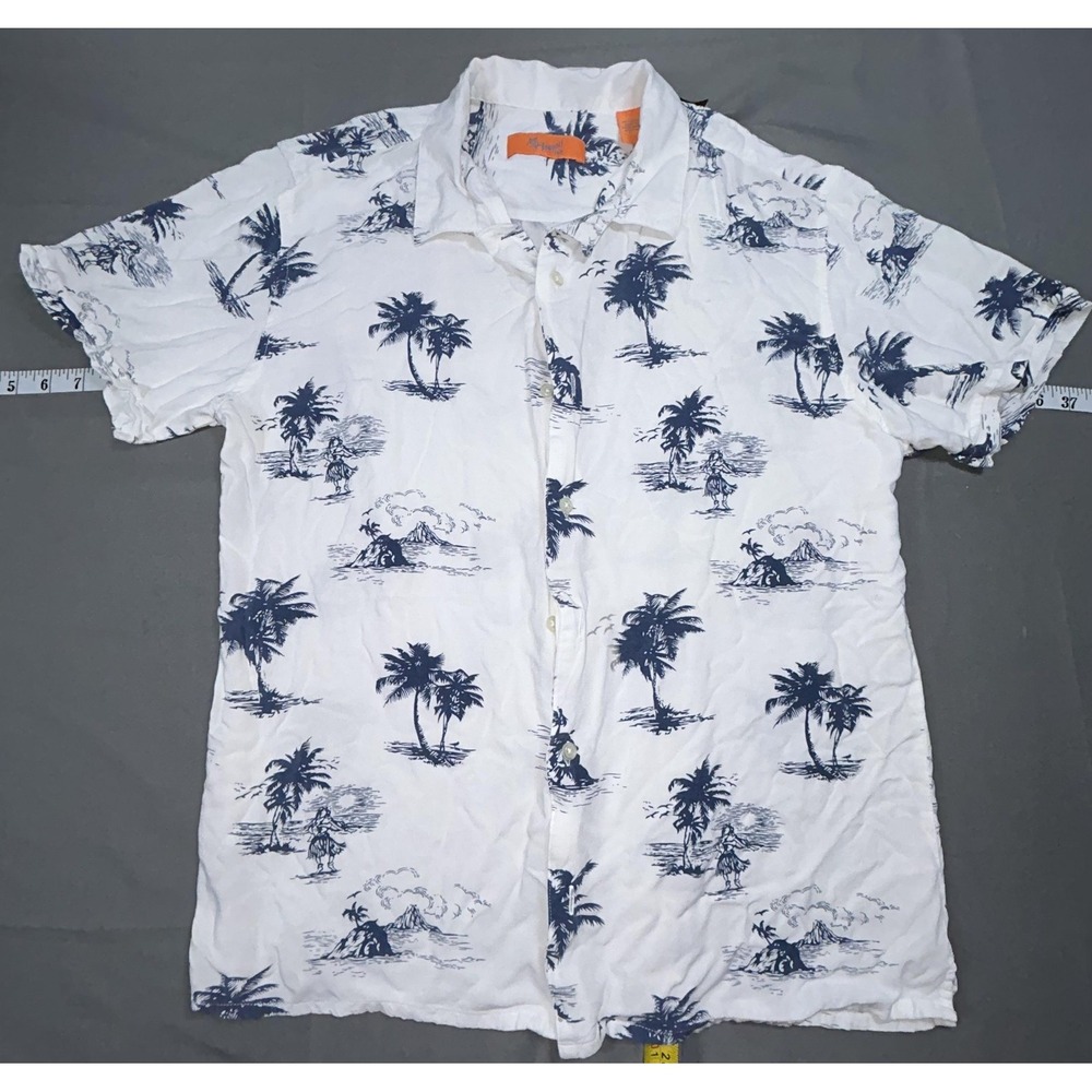 Newport Isle Shirt Mens L White Palm Tree Rayon Short Sleeve Button Up Tropical